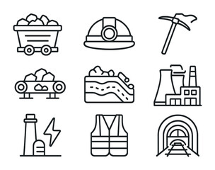 Coal Mining Icons. Outline icon set of coal mining and energy production: coal cart, mining helmet, pickaxe,