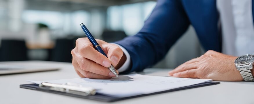 The Hand Signing Contract on Clipboard in Modern Office Environment