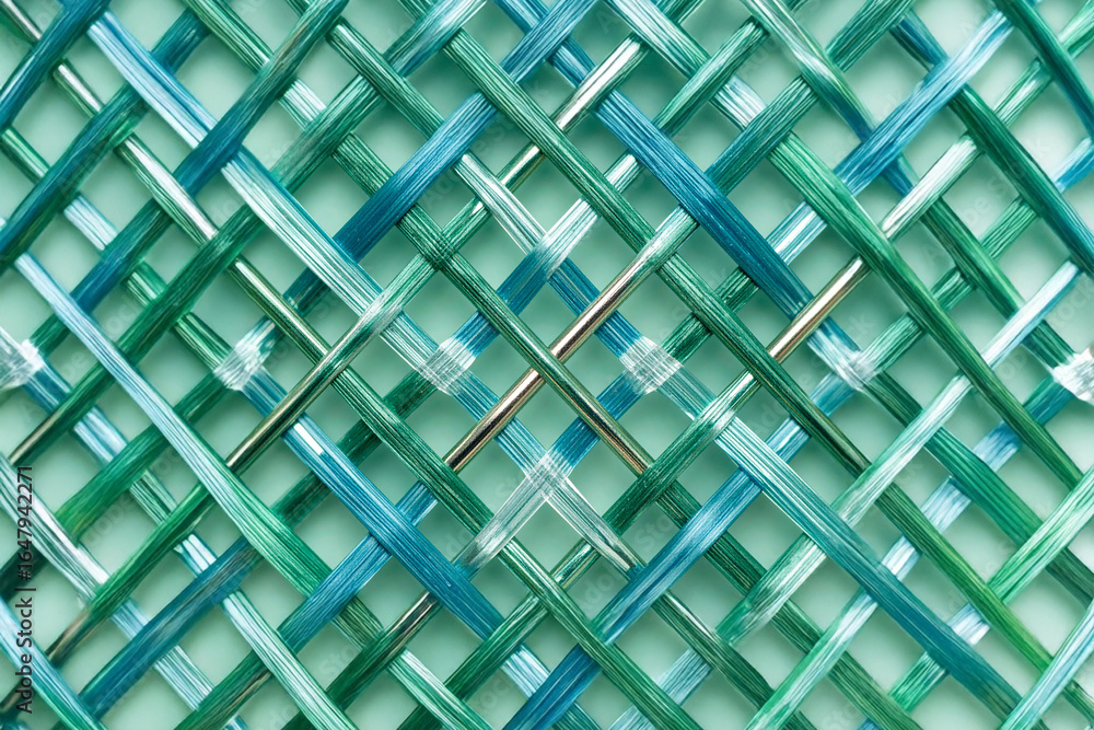 Poster a close-up, high-resolution shot showcasing a detailed pattern of interwoven metallic threads in sha