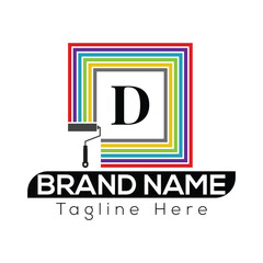 Letter d logo with paint roller and colorful stripes isolated on white background