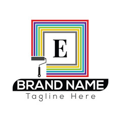 Colorful paint roller creating square frame with letter e isolated on white background