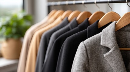 Fototapeta premium Elegant knitwear in soft hues hangs neatly on wooden hangers, creating a warm and inviting atmosphere in a modern boutique