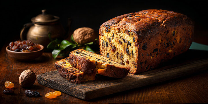 Barmbrack fruit bread irish food on dark background