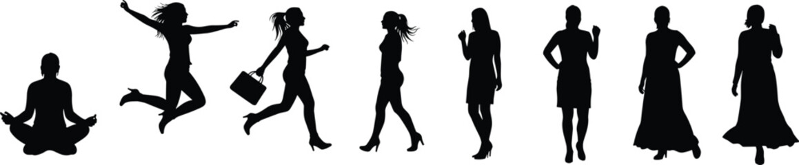 Silhouette of woman in various poses including yoga, jumping, walking, standing, fashion dress, flat vector illustration, black design concept