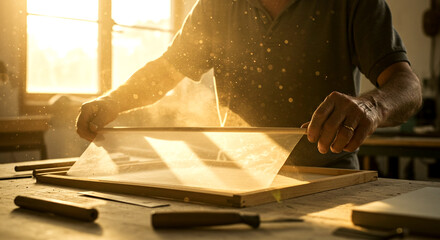 Craftsperson Holding Translucent Material on Wooden Frame in Sunlit Workshop