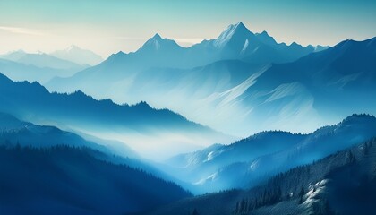 misty mountain range in soft blue hues