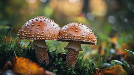 Fototapeta premium Pair of wild mushrooms growing on forest ground with shallow depth of field background