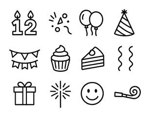 Birthday Icon Set. Outline icon set of birthday cake toppers: number candles, confetti, balloons, party hat,