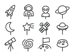 Space Cake Toppers. Outline icon set of space-themed cake toppers: rocket, astronaut, alien, planet, moon,