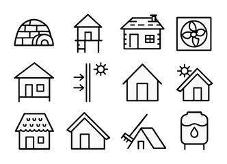 Fototapeta premium Climate-Themed Home Icons. Outline icon set of climate-specific homes: igloo, raised hut, stone cottage,