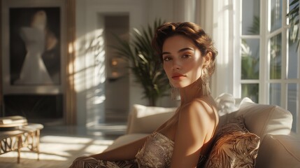 Elegant woman posing in a sunlit room with modern decor and greenery