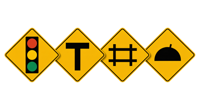 Cautionary road signs alert drivers to hazards ahead