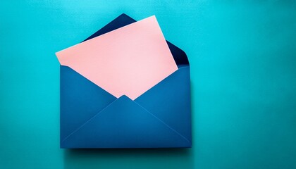 open blue envelope with pink invitation card paper stationery mock up on vibrant turquoise background elegant letter message composition minimalist greeting concept blank note for celebration or a