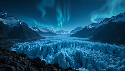 Fototapeta premium A breathtaking view of the aurora borealis illuminating the night sky above a vast, frozen glacier surrounded by snowcapped mountains, creating a magical and serene winter landscape