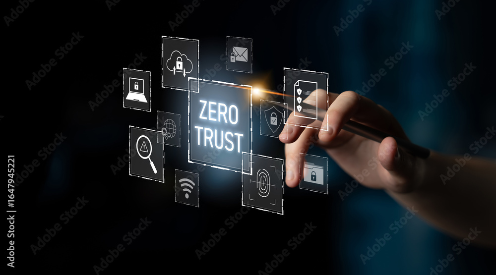 Poster zero trust model enhances data protection. zero trust blocks unauthorized access, secures devices, z
