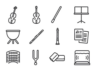 Obraz premium Orchestra Icon Set. Outline icon set of orchestral rehearsal: violin, cello, conductor stick, sheet stand,