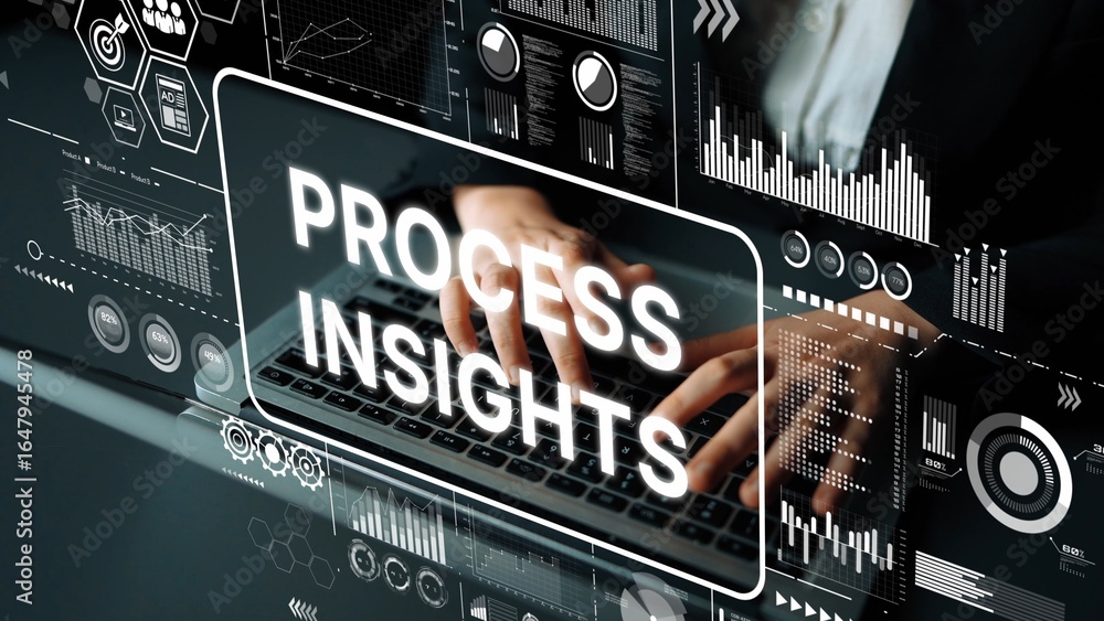 Poster business professional analyzing data trends on laptop with graphics and statistics overlaying on scr