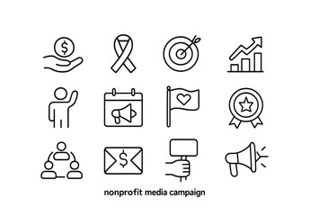Nonprofit Campaign Icon Set. Outline icon set of nonprofit media campaigns: donation icon, awareness ribbon,