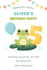 Birthday party invitation card with cute frog. Birthday party vector template	