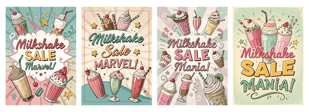 Colorful vintage-style illustrations of milkshakes with vibrant text announcing a sale.