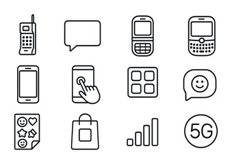 Mobile Icon Evolution. Outline icon set of mobile communication evolution: brick phone, SMS icon, flip phone,