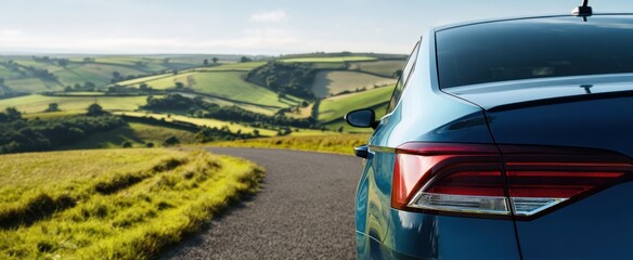 [The car parked on a winding country road overlooking rolling green hills and valleys]