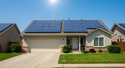 Fototapeta premium Suburban House with Solar Panels on Roof under Bright Blue Sky Green Lawn.