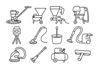 Plastering Equipment Icons. Outline icon set of modern plastering equipment: power trowel, texture sprayer,