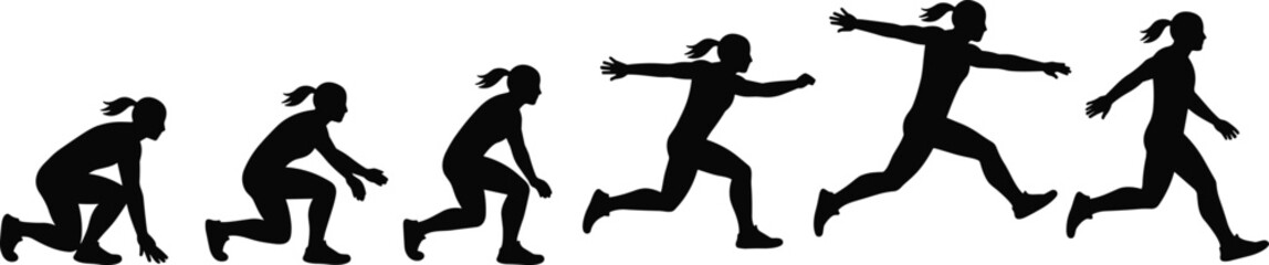 Silhouette sequence of woman running and jumping, athletic sprint motion, black sports figure in various positions isolated on white background vector