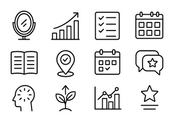 Goal Reflection Icons. Outline vector icons of goal reflection and review: mirror icon, progress chart, review