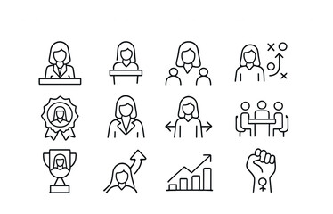 Women Leadership Icons. Outline vector icons of women in leadership: female CEO, podium speaker, team leader,