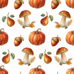 Autumn Seamless Pattern with Pumpkin, Pear and Mushroom