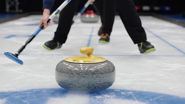 Dynamic curling action: players strategically sweeping and guiding stone on ice rink