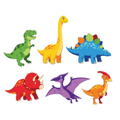 Fototapeta premium Colorful Cartoon Dinosaur Collection Tyrannosaurus Rex Brachiosaurus Stegosaurus Triceratops Pterodactyl Parasaurolophus on White Background