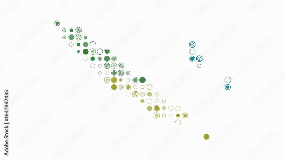 Poster new caledonia map animation. shape of the country with pulsating colored dots. large size circle blo