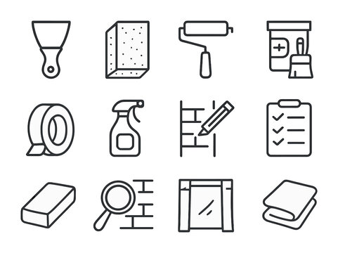 Kitchen Prep Icons. Outline vector icons of kitchen wall prep: wall scraper, sanding sponge, primer roller,