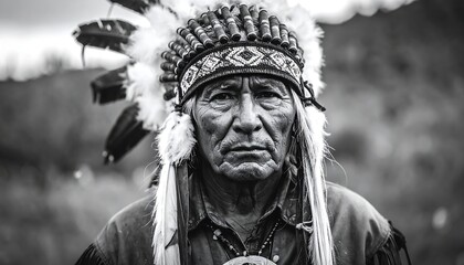 Obraz premium A grayscale portrait of a mature Native American man