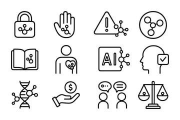 Nanotech Ethics Icons. Outline icon set of ethical issues in nanotech: data privacy, medical consent, risk