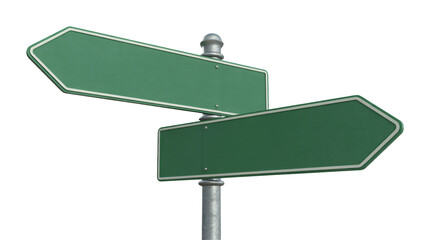 Blank green signpost pointing two directions template asset