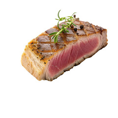 A pan seared tuna steak with herbs isolated on a transparent background