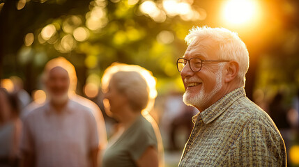 Joyful elderly man basking in golden sunlight with blurred background for Grandparents Day, National Senior Citizens Day