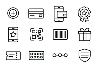 Mobile Loyalty Icons. Outline icon set of mobile loyalty programs: reward points, loyalty card, mobile wallet,