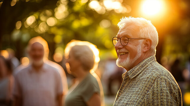Joyful elderly man basking in golden sunlight with blurred background for Grandparents Day, National Senior Citizens Day