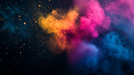 Colorful powder explosion in the air with dramatic lighting on dark blue background conceptual art