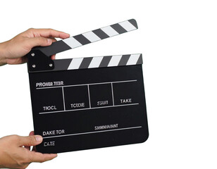 Obraz premium Film Director Holding Clapperboard Close Up Side View Isolated on Transparent Background