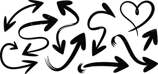 Hand drawn arrows, bold doodle arrow set, sketch direction symbols for design, navigation, infographic, decorative elements