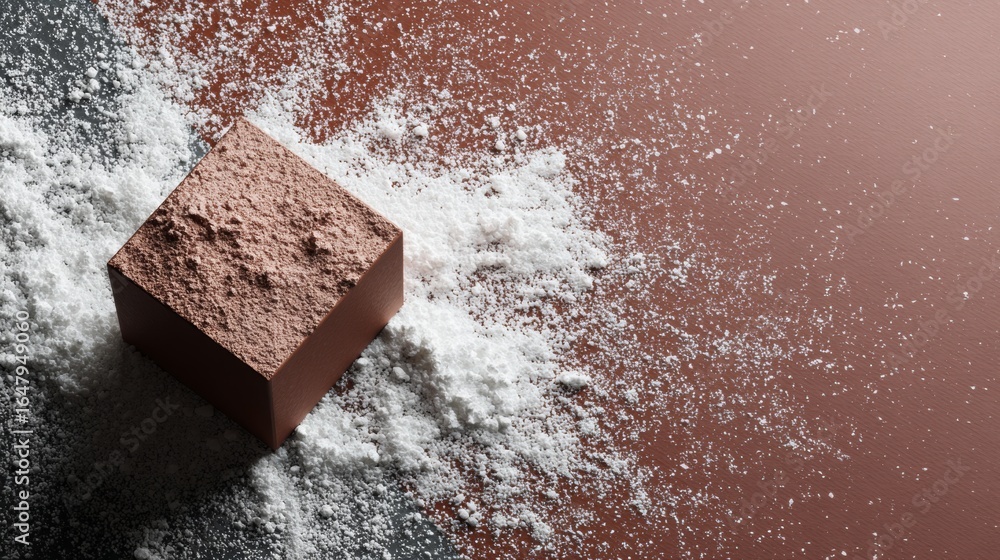 Poster chocolate cube falling on powdered sugar over pink background creating splash and dust effect motion