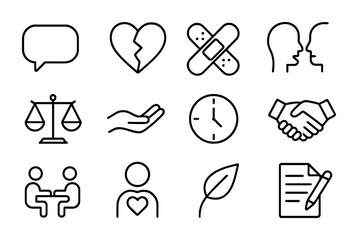 Conflict Resolution Icons. Outline icon set of resolving conflicts: speech bubble, broken heart, patch icon,