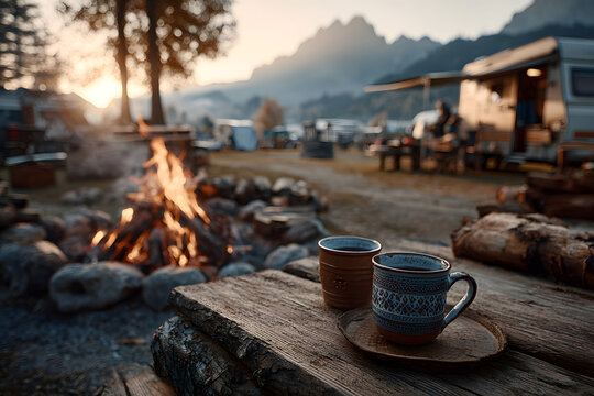 Bonfire in camping of people camper group in nature near the mountains with coffee brewing equipment. - Powered by Adobe