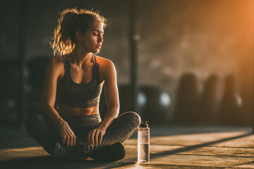 Sport woman sitting and resting after workout or exercise in fitness gym with protein shake or drinking water on floor. Relax concept. Strength training and Body build up theme. Warm and cool tone